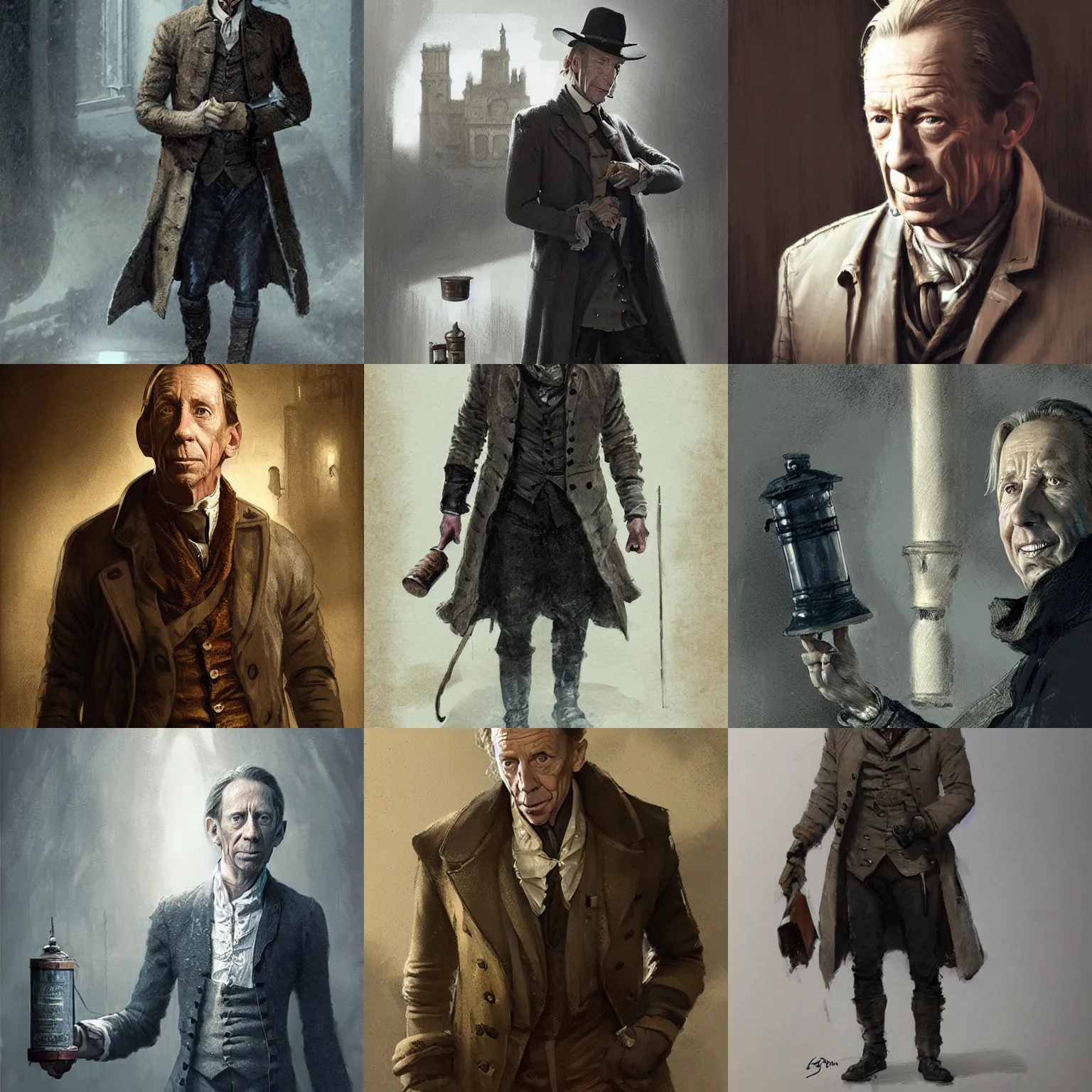 Prompt: Jonathan Hyde as Van Pelt, with a cylinder as a stark, gloomy detective from the 18th century, concept art by J.Dickenson and Greg Rutkowski