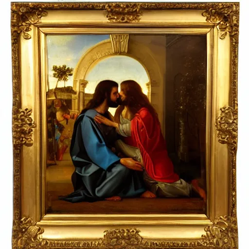 Image similar to 1 8 th oil panting of a jesus kissing with maria maddalena