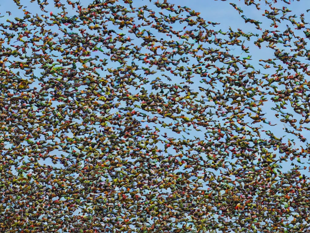 Prompt: a flock of parrots invading a shopping center