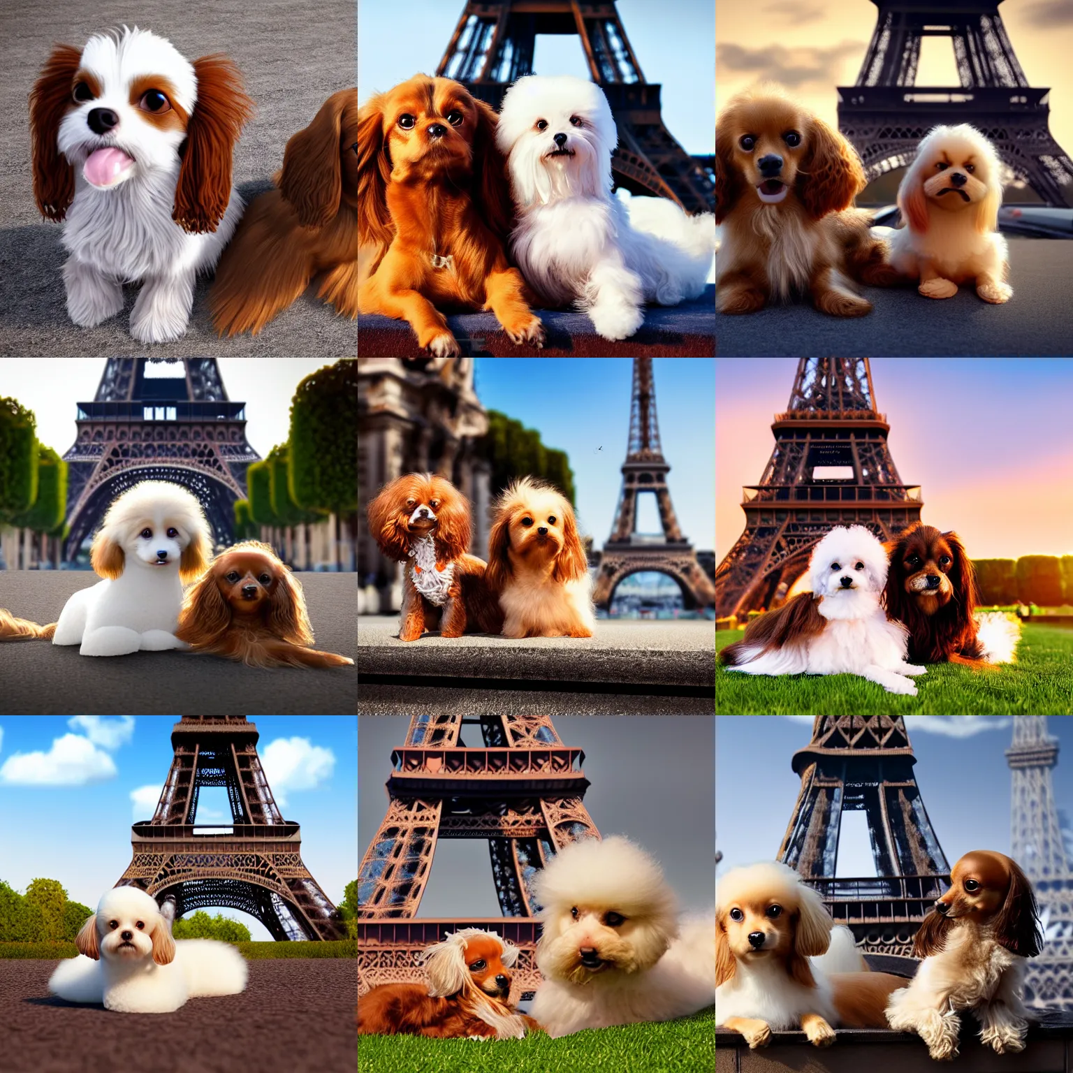 Prompt: a photorealistic closeup image of a cute brown colored long haired chihuahua cocker spaniel dog with a happy white bichon frise dog in paris laying in front of the eiffel tower. brightly lit. extreme detail. 4 k hd unreal engine