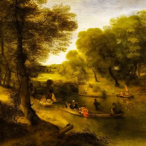 Prompt: A beautiful curvy river in europe, surrounded by fields and trees. A dinghy is slowly moving through the water. Sunny weather, painting in a style of Rembrandt