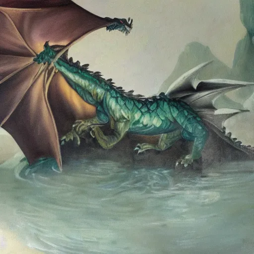 Image similar to oil painting of a dragon emerging from a hotspring