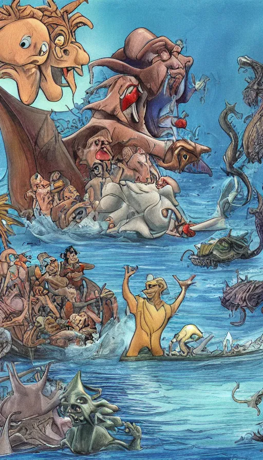 Image similar to man on boat crossing a body of water in hell with creatures in the water, sea of souls, by don bluth