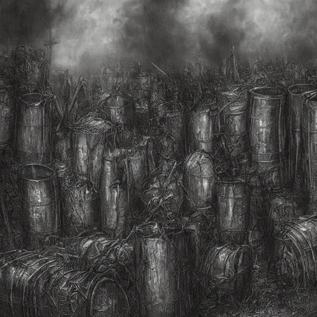 Prompt: steel barrels in a graveyard, creepy atmosphere, dark, portrait, realistic, very realistic, illustration by gustave dore