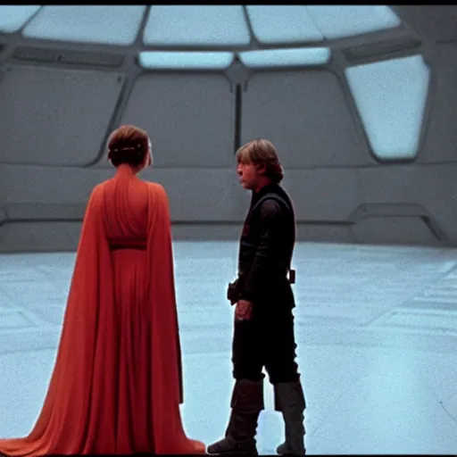 Image similar to Luke Skywalker teaches Leia in outfit at Jedi Temple scene from the last jedi, 2022, film by Stanley Kubrick, serene, iconic scene, stunning cinematography, hyper detailed, sharp, anamorphic lenses, kodak color film