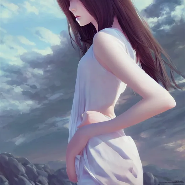 Image similar to infinitely detailed full - body portrait pale female peaceful dream angel wearing elegant clothes. beautiful! scenery art! by wlop & murata range, by ilya kuvshinov. artstation!! / pixiv!!