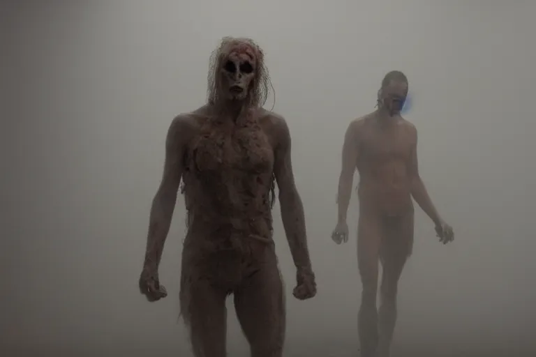 Image similar to a cinematic portrait of mutant insect serial killer dressed in human skin, in a backroom, fog storm, annie leibovitz and zack snyder, 8 k, hd, high resolution, 8 5 mm, f / 1. 8