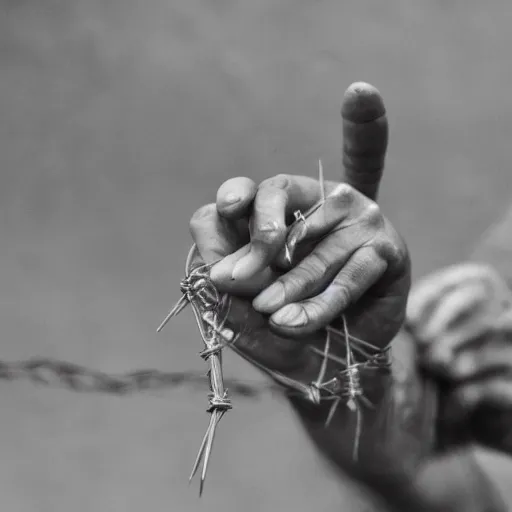 Image similar to a man whose hand is made out of barbed wire