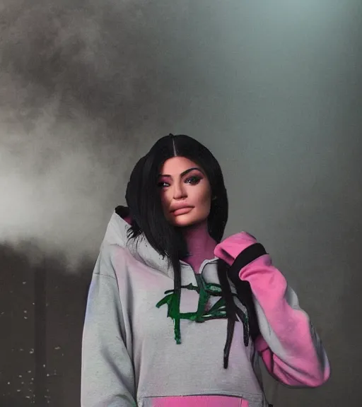 Image similar to kylie jenner doing graffiti in a derelict garage, dust mist, rear-shot, tight leggings with a pink hoody with hood up, mold, greenery, intricate, epic lighting, cinematic composition, hyper realistic, 8k resolution, unreal engine 5