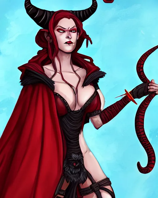 Prompt: Dungeons and Dragons character art of a female tiefling, red skin, black cloak, holding daggers, masterpiece