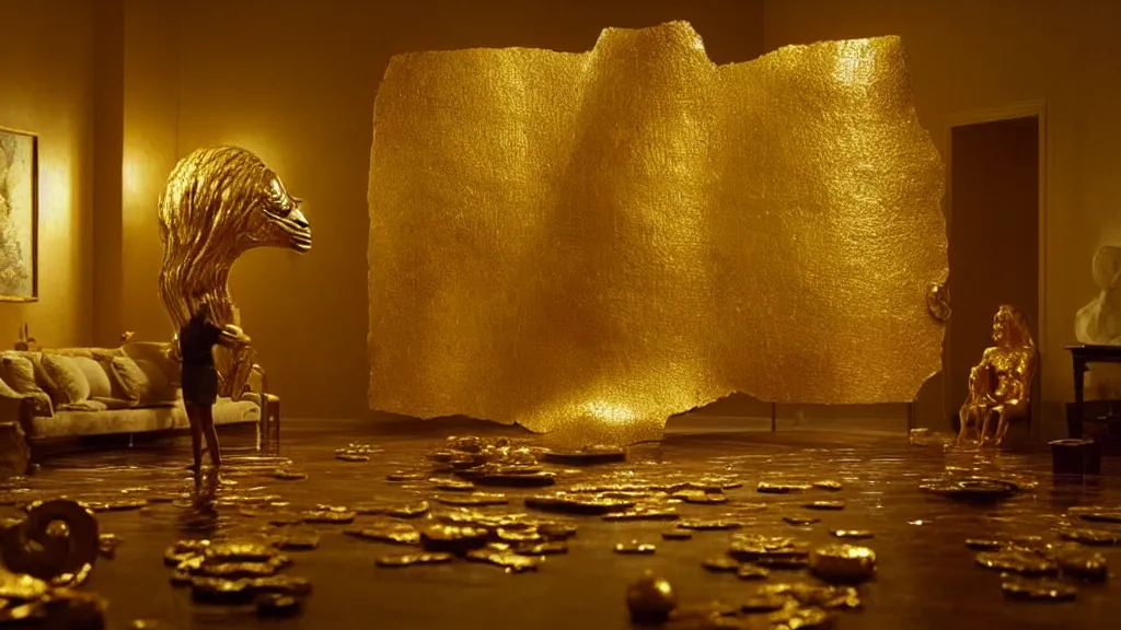 Prompt: a giant hand made of gold and water floats through the living room, film still from the movie directed by Denis Villeneuve with art direction by Salvador Dalí, wide lens