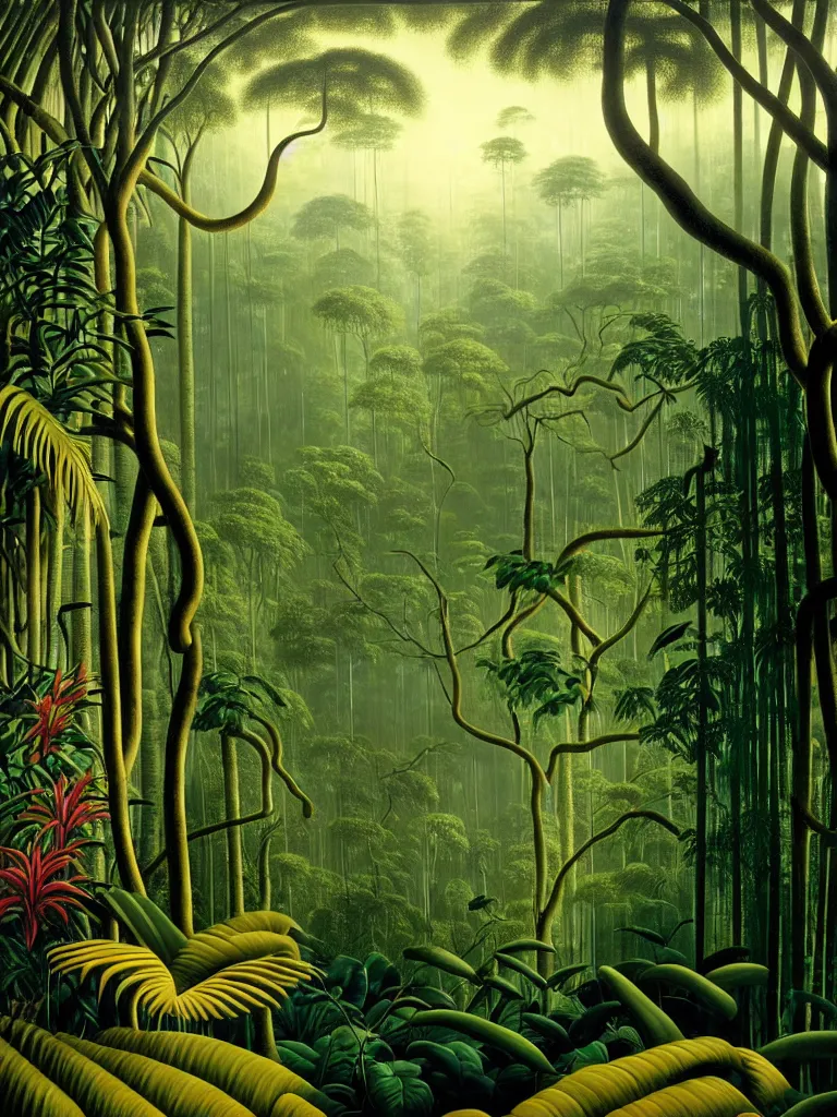 Image similar to A photorealistic painting of the lush interior of a Malaysian jungle, forest canopy covers the morning sunlight, dense exotic tropical flora and fauna gives a foreboding atmosphere where time seems to stand still, creeping vines hangs like bloody entrails, tree roots like severed human limbs as imagined by Martin Johnson Heade, Hiroshi Sugimoto, Henri Rousseau, medium close up shot, wide angle lens, anaglyph filter, cinematic mood lighting, National Geographic photograph, British Pathe archive, cinematography of Apocalypse Now (1977), trending on Art Station.