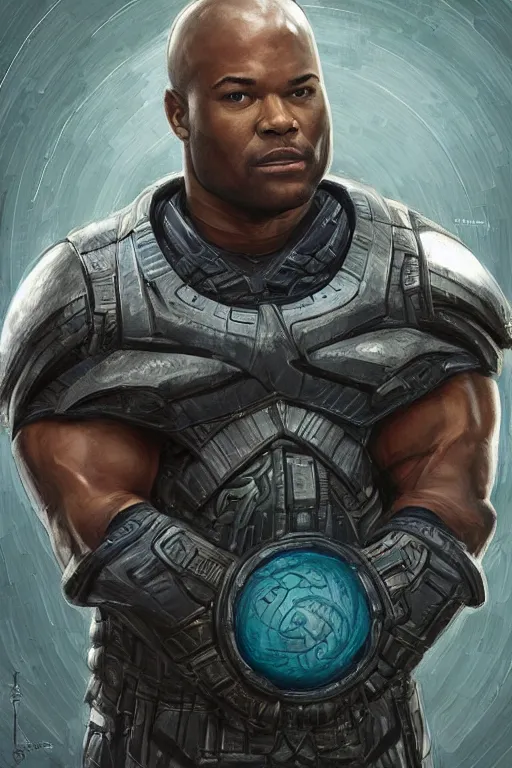 Image similar to muscled Christopher Judge playing Teal\'c in an episode of Stargate SG-1, a ruggedly handsome hero, intricate, elegant, highly detailed, centered, digital painting, artstation, concept art, smooth, sharp focus, illustration, art by artgerm and donato giancola and Joseph Christian Leyendecker, Ross Tran, WLOP