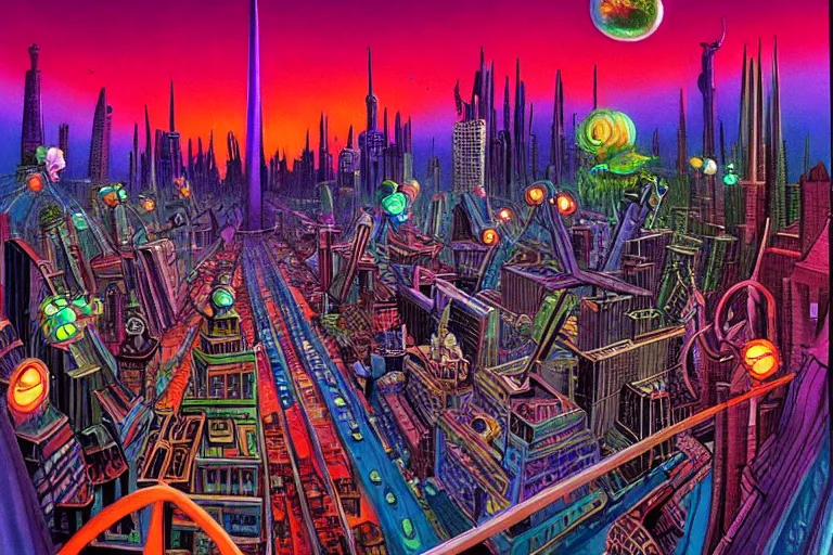 Image similar to surreal colorful nightmarish cityscape, artwork by ralph bakshi