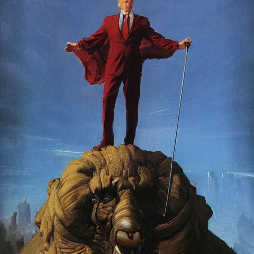 Image similar to portrait of immense, majestic, surreal, terrifying joe!!!! biden!!! standing triumphant over the city, perfectly clear face, by j. c. leyendecker, bosch, and beksinski