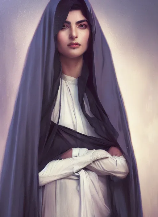 Image similar to a Photorealistic dramatic hyperrealistic render of an arab ameera al taweel, blue eyes, black hair, white veil,by WLOP,Artgerm,Greg Rutkowski,Alphonse Mucha, Beautiful dynamic dramatic dark moody lighting,shadows,cinematic atmosphere,Artstation,concept design art,Octane render,8K