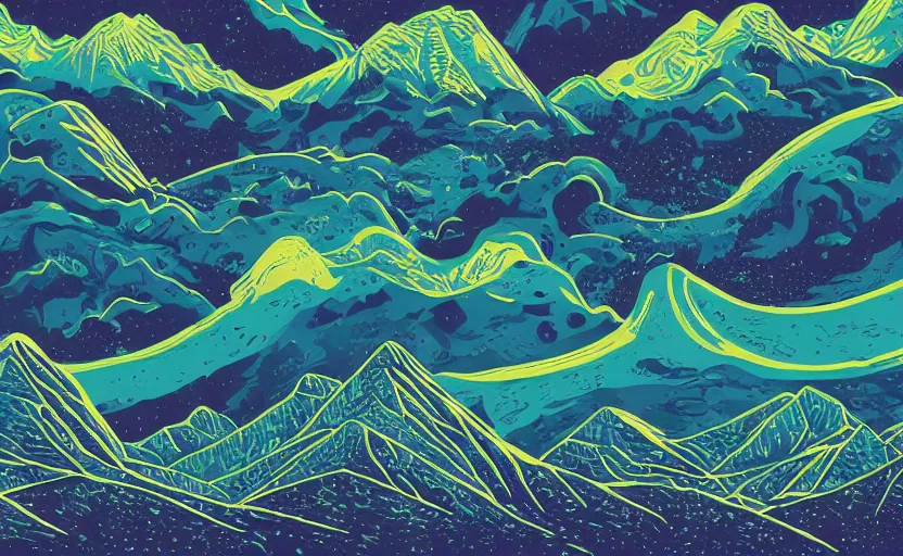 Image similar to mountains, stars and paisley filled sky, artstation, intricate, highly detailed, digital painting, concept art, sharp focus, illustration by Tom Whalen and Kilian Eng