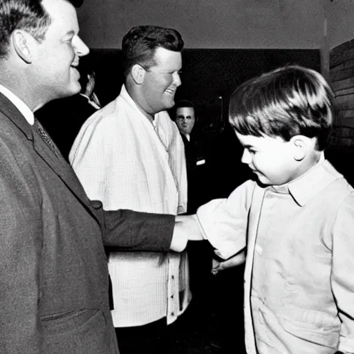 Prompt: vintage monochrome photograph of Gibby from iCarly shaking hands with John F. Kennedy