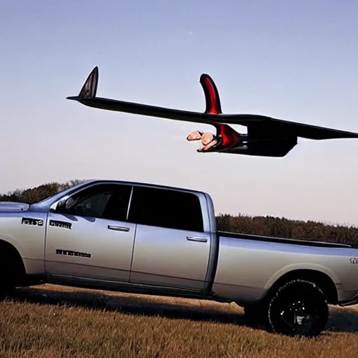 Prompt: dodge ram flying in the sky like an ( ( airplane ) )