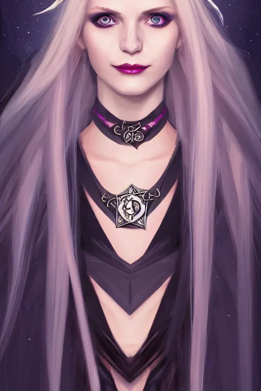 Prompt: portrait of a gorgeous female sorceress, looking at camera, D&D, choker on neck, stylish dark dress, arcane symbols, very long flowing blond hair, intricate, elegant, stylish, cute slightly nerdy smile, mouth slightly open, fantasy, extremely detailed, digital painting, artstation, concept art, smooth, sharp focus, illustration, stunning lighting, art by artgerm and greg rutkowski and alphonse mucha and simon stalenhag