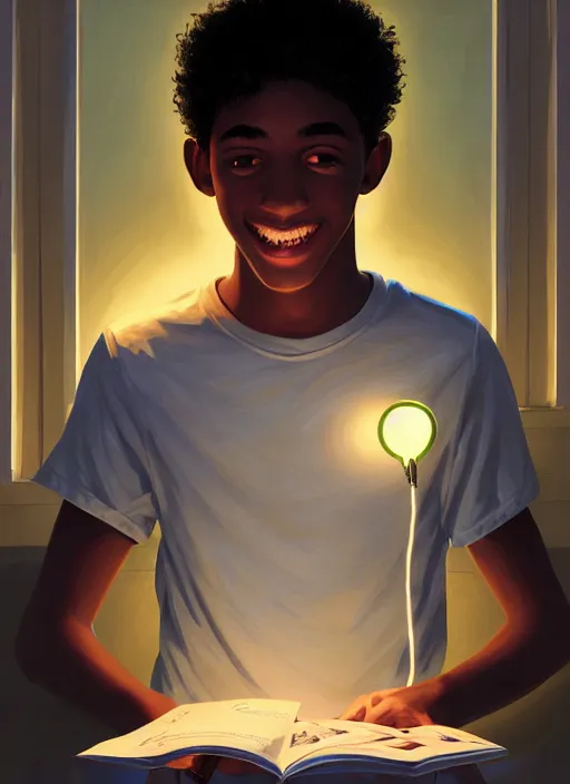 Image similar to portrait of teenage chuck clayton, black teenage boy, very short curly hair, very short hair, square jaw, slight excited smile, reading archie comic book, intricate, elegant, glowing lights, highly detailed, digital painting, artstation, concept art, smooth, sharp focus, illustration, art by wlop, mars ravelo and greg rutkowski