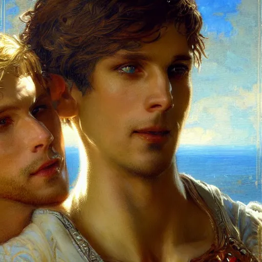 Image similar to attractive male arthur pendragon confesses his love to attractive male merlin. highly detailed painting by gaston bussiere, craig mullins, j. c. leyendecker 8 k