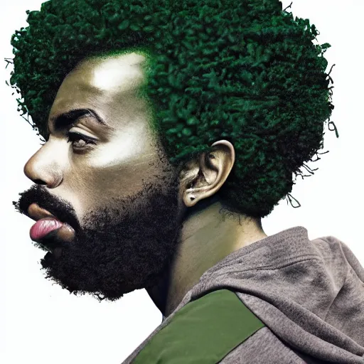 Image similar to black man with afro hair and raspy beard stubble, wearing an army green adidas jacket by dave mckean