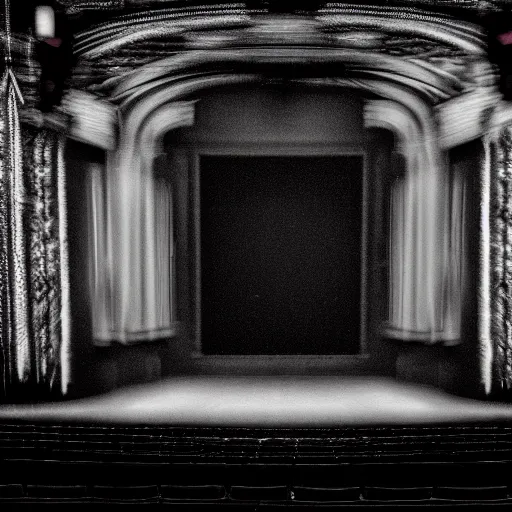 Image similar to a grainy photo of a shadowy figure in a birdcage on a large old abandoned theatre stage, black and white, motion blur, long exposure