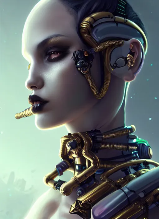 Image similar to soft lustrous ebony ivory biotech raver gutter punk gothic cyborg, golden ratio, details, scifi, fantasy, cyberpunk, intricate, decadent, highly detailed, digital painting, octane render, artstation, concept art, smooth, sharp focus, illustration, art by artgerm, loish, wlop