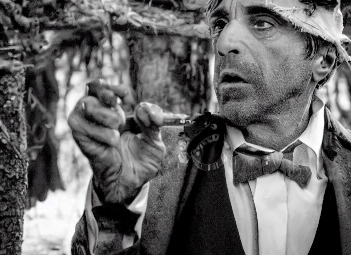 Image similar to an dramatic scene from the movie scarface, medium long shot, costumes from peaky blinders, filmed in the dark woods, a cabin in the background, al pacino and daniel day - lewis, sharp eyes, serious expressions, detailed and symmetric faces, black and white, cinematic, epic,