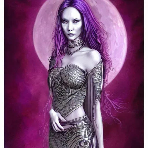 Prompt: portrait of young junoesque fit prophetess of the moon, silver filigree armor, purple hair, translucent skin, beautiful! coherent! by brom, by junji ito, strong line, high contrast, muted color