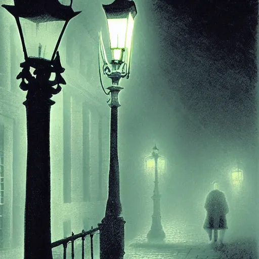 Prompt: The foggy old streets of London lit only by lampposts, 1888, foggy, night, digital art