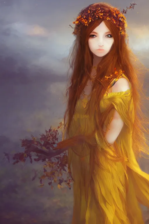 Image similar to The goddess of autumn harvest, tranquility, beautiful face, long hair, wearing wheat yellow gauze, comic style, virtual engine, 3D, sense of atmosphere, goddess, by wlop