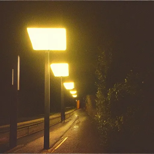 Image similar to Beautiful cameraphone, soft liminal Photograph of estate road, hedge night, streetlight.