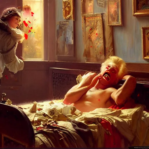 Prompt: rip taylor is in his bed, nervous and terrified, because a ghost is throwing confetti from a bucket at him. highly detailed painting by gaston bussiere, j. c. leyendecker, greg rutkowski, craig mullins 8 k