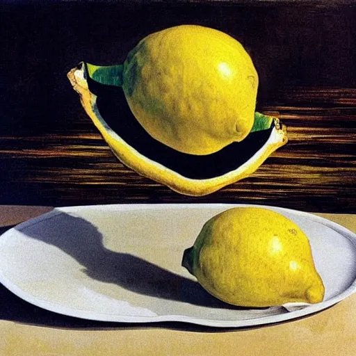 Prompt: a lemon eating another lemon, salvador dali, horror