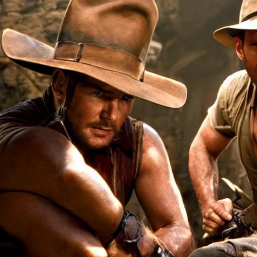 Image similar to still from the Indiana Jones movie with chris pratt, award-winning cinematography, 4k