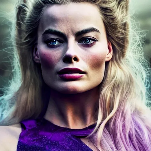 Image similar to an award winning cinematic still of beautiful Margot Robbie Wolverine with long purple hair in , 16k hyper realistic photograph, centered, dramatic lighting