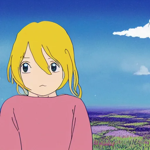 Prompt: illustration of a small blonde girl standing on top of a large hill overlooking a vast landscape containing every biome, the sky is beautiful, illustrated by Hayao Miyazaki