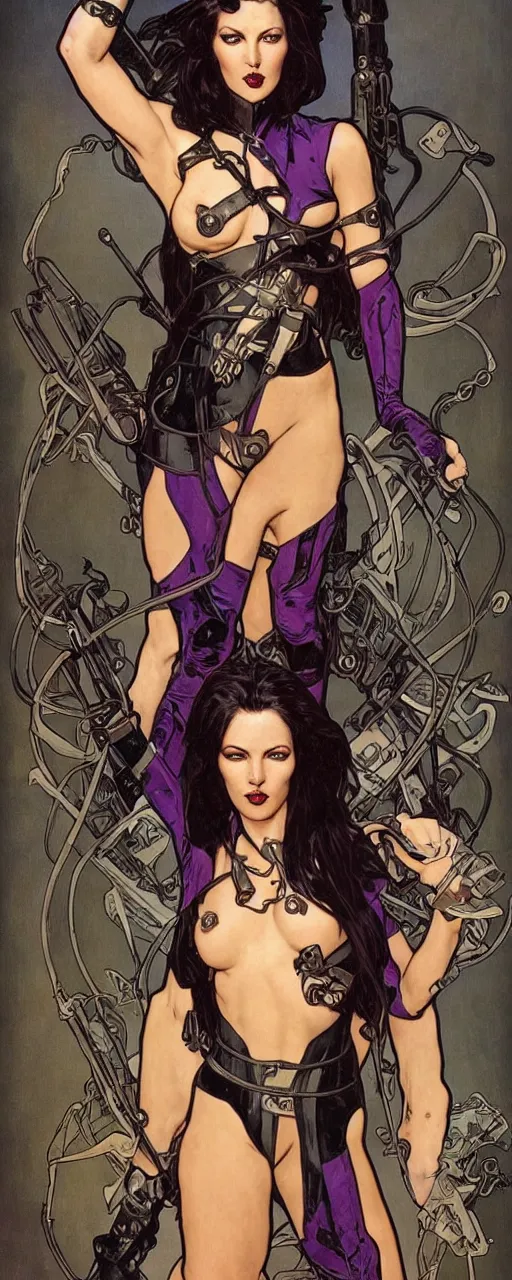 Image similar to striking sensual industrial art nouveau style portrait of psylocke as an extreme metal soldier by glenn fabry, simon bisley and alphonse mucha, photorealism, extremely hyperdetailed, perfect symmetrical facial features, perfect anatomy, ornate declotage, spikes, latex, excited expression, wild eyes