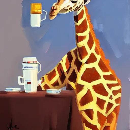 Image similar to a giraffe dressed like an astronaut drinking tea with queen isabel, trending on artstation, art by greg manchess, guangjian, detailed digital art, artstation hd