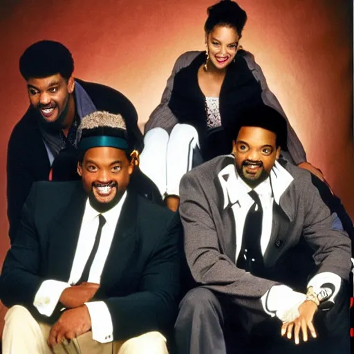 Image similar to will smith, alfonso ribeiro, james avery, karyn parsons, tatyana ali, joseph marcel, dj jazzy jeff, 1 9 9 0, publicity photo