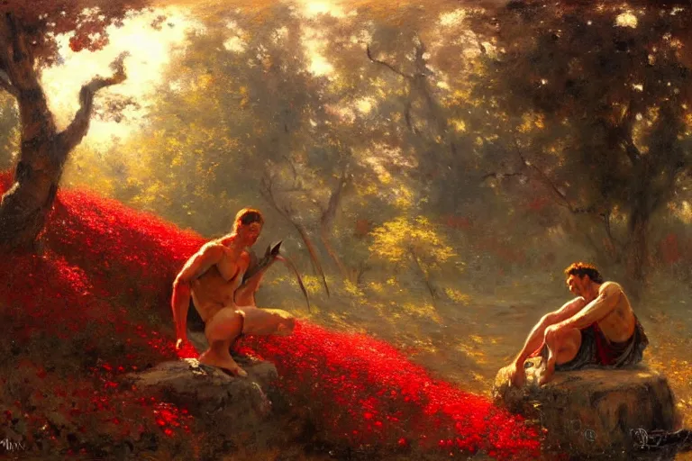 Image similar to a male warrior relaxing under a huge tree with red flowers, god ray, ground covered with snow, extreme long shot, fantasy, painting by gaston bussiere, craig mullins, j. c. leyendecker, trending on artstation