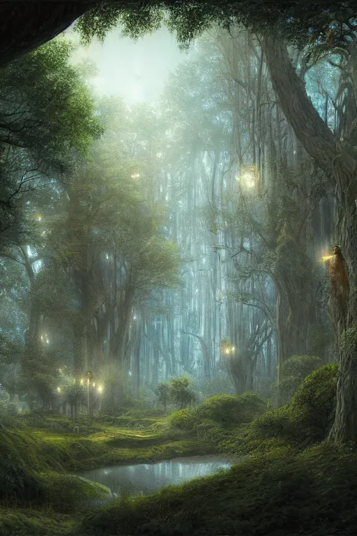 Image similar to Lothlórien in the evening, detailed matte painting, cinematic, Alan Lee, Artstation