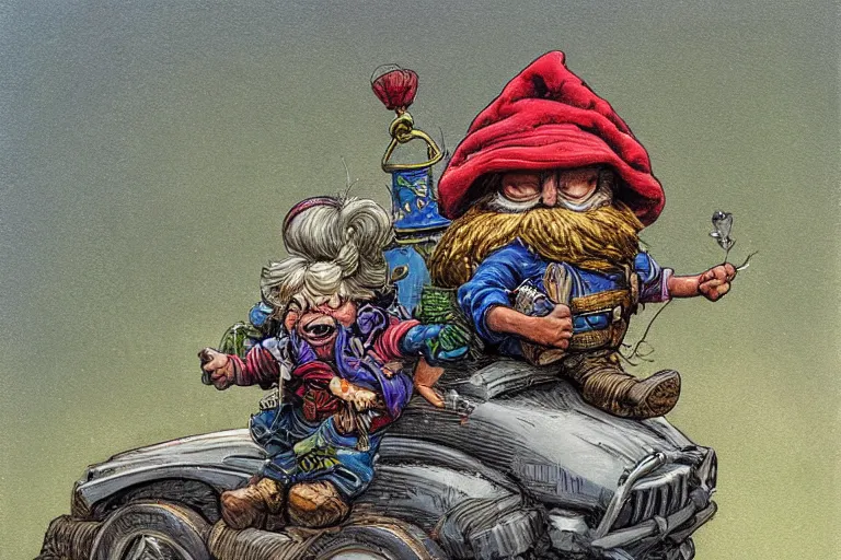 Image similar to a highly detailed garden gnome hanging off the back of a car in full speed, trying to hold on, desperate, wide angle, an ultrafine detailed painting by p. craig russell and barry windsor - smith, trending on deviantart, octane, masterpiece