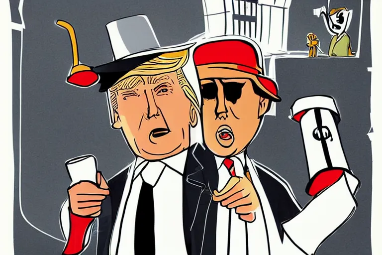 Image similar to 2 d poster illlustration donald trump and donald trump wearing trenchcoats and black floppy spy hats, stacks of boxes everywhere and a safe broken open for the movie spy vs spy