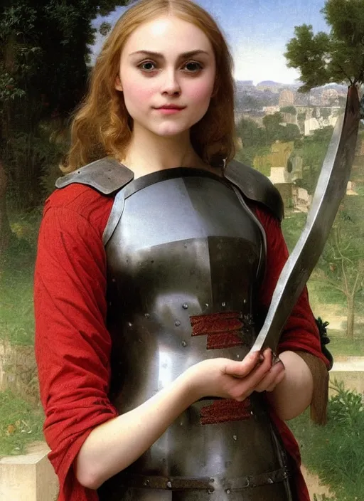 Prompt: annasophia robb wearing medieval armour and bowl haircut, bouguereau