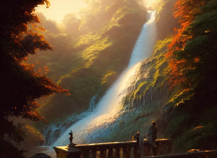 Image similar to detailed intricate digital illustration by greg rutkowski and artgerm and wlop and sanford robinson gifford ; 2 0 0 4 vehicle, shimmering waterfall in background ; 1 3 mm film, arri alfa anamorphic lens ; sharp focus, golden hour lighting, trending on artstation 4 k ; close view