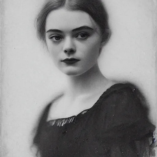 Image similar to headshot edwardian photograph of elle fanning, realistic face, trending on artstation, 1 9 1 0 ss, 1 9 0 0 s, 1 9 2 0 s, grainy, victorian, detailed, slightly blurry