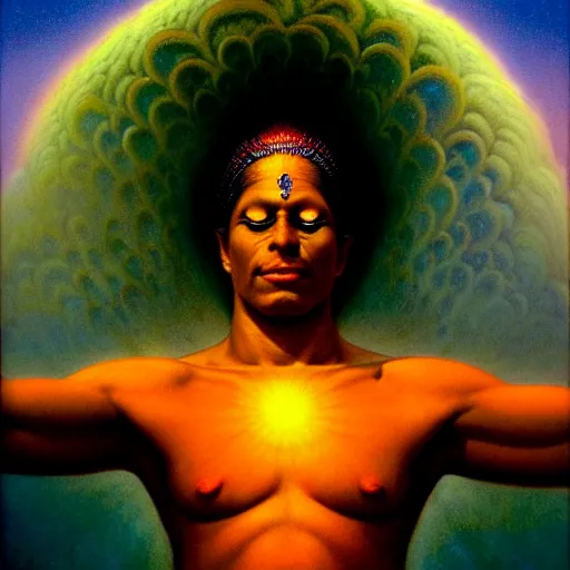 Prompt: cinematic portrait of a melanated tantric deity with water pouring out of third eye, intricate, desaturated, Tim Hildebrandt, Wayne Barlowe, Bruce Pennington, donato giancola, larry elmore, maxfield parrish, Moebius, Thomas Ehretsmann, oil on canvas, gouache painting, masterpiece, trending on artstation, cinematic composition, dramatic pose, volumetric lighting, sharp, details, hyper-detailed, HD, 4K, 8K
